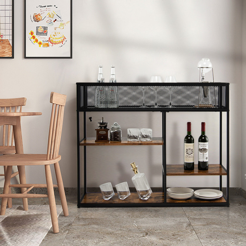 4-Tier Industrial Console Table with Wire Basket and Shelf – Sturdy Storage for Living Room, Kitchen & Entryway