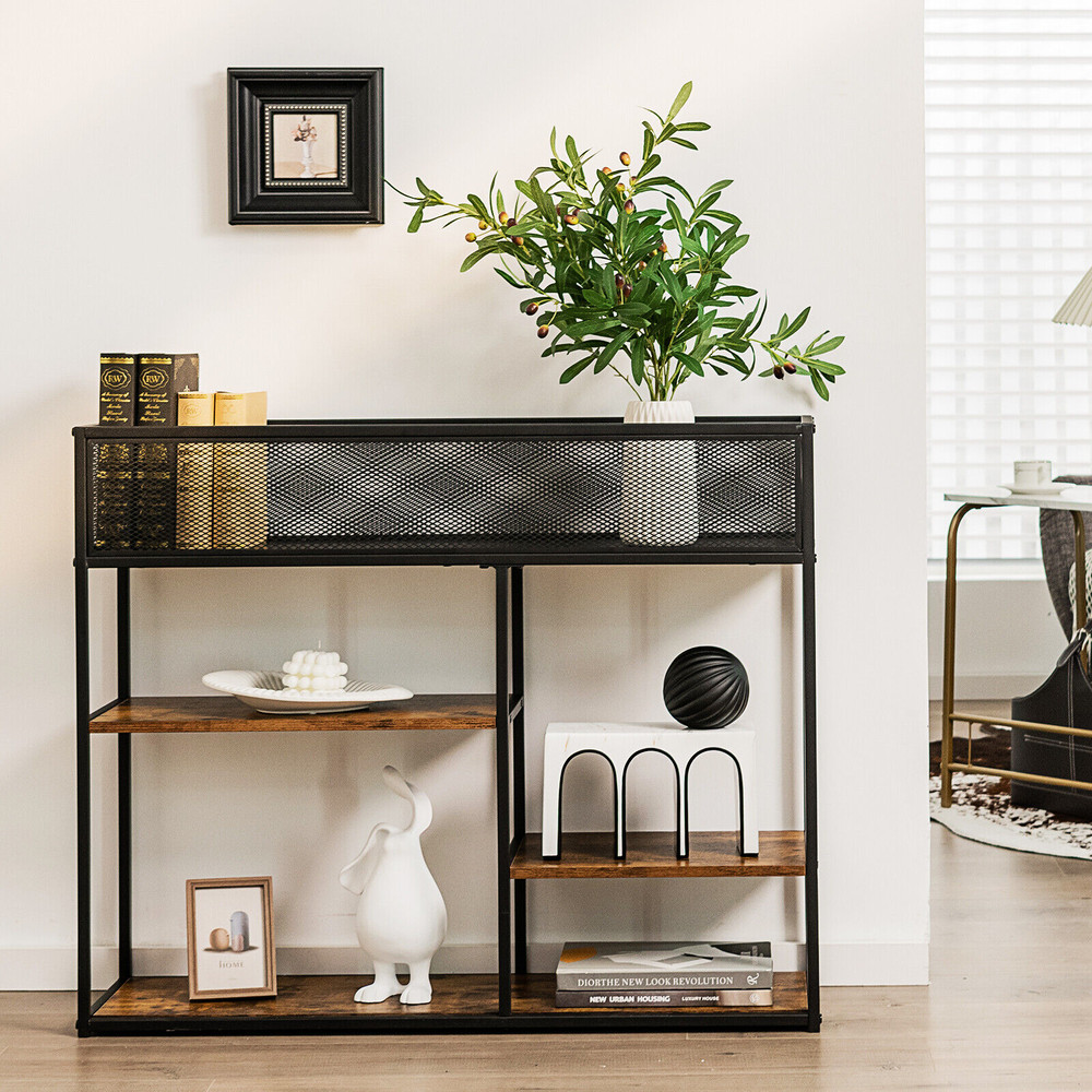 4-Tier Industrial Console Table with Wire Basket and Shelf – Sturdy Storage for Living Room, Kitchen & Entryway