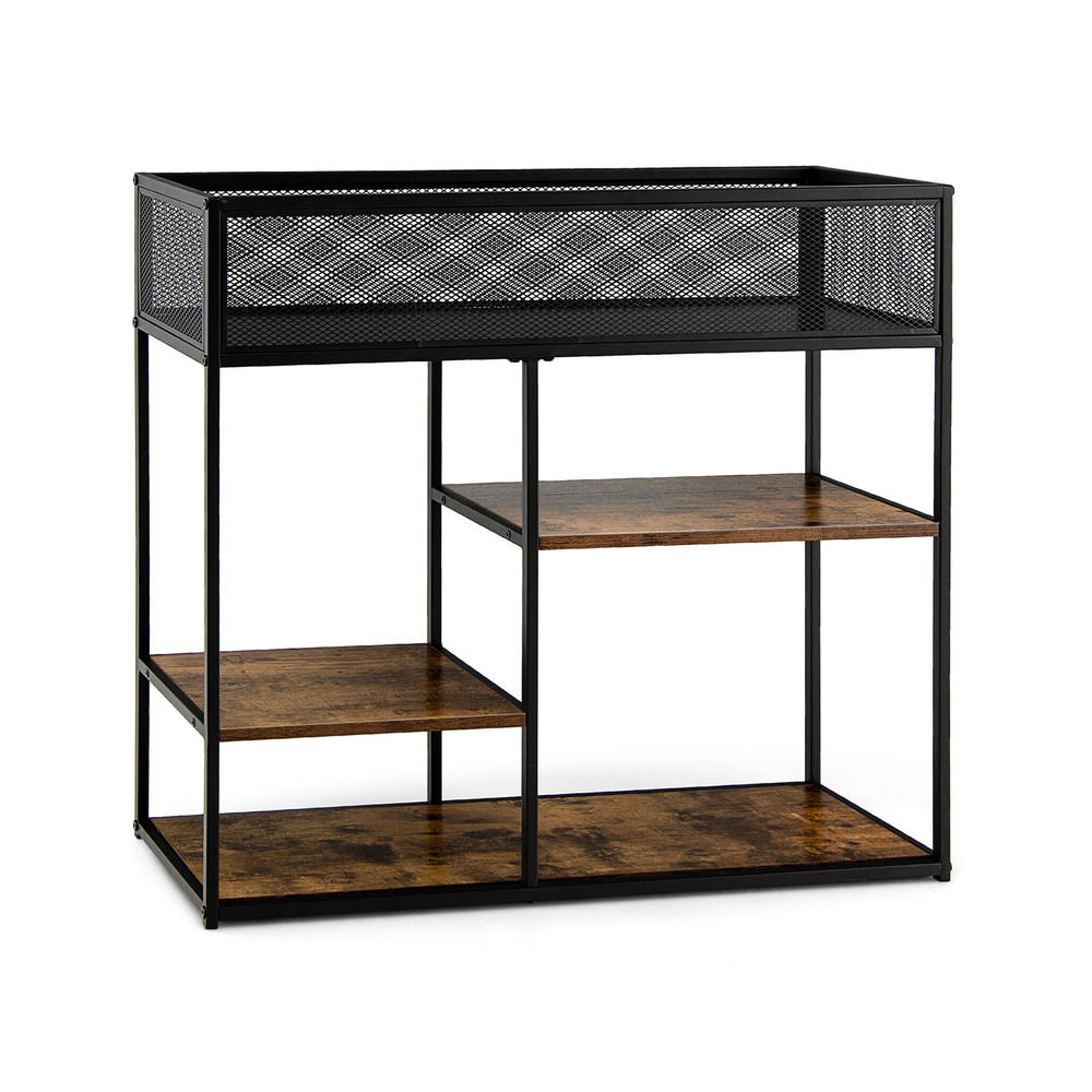 4-Tier Industrial Console Table with Wire Basket and Shelf – Sturdy Storage for Living Room, Kitchen & Entryway