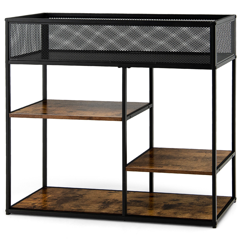 4-Tier Industrial Console Table with Wire Basket and Shelf – Sturdy Storage for Living Room, Kitchen & Entryway