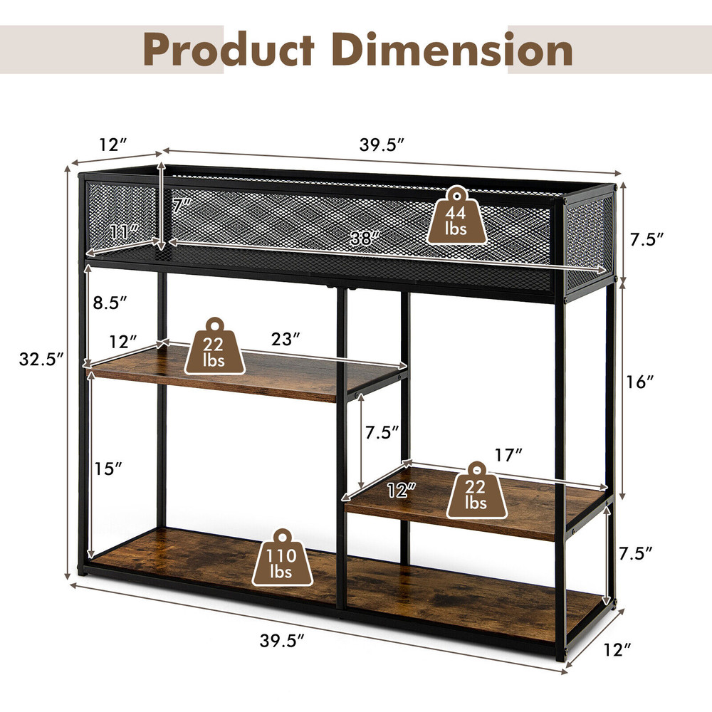 4-Tier Industrial Console Table with Wire Basket and Shelf – Sturdy Storage for Living Room, Kitchen & Entryway