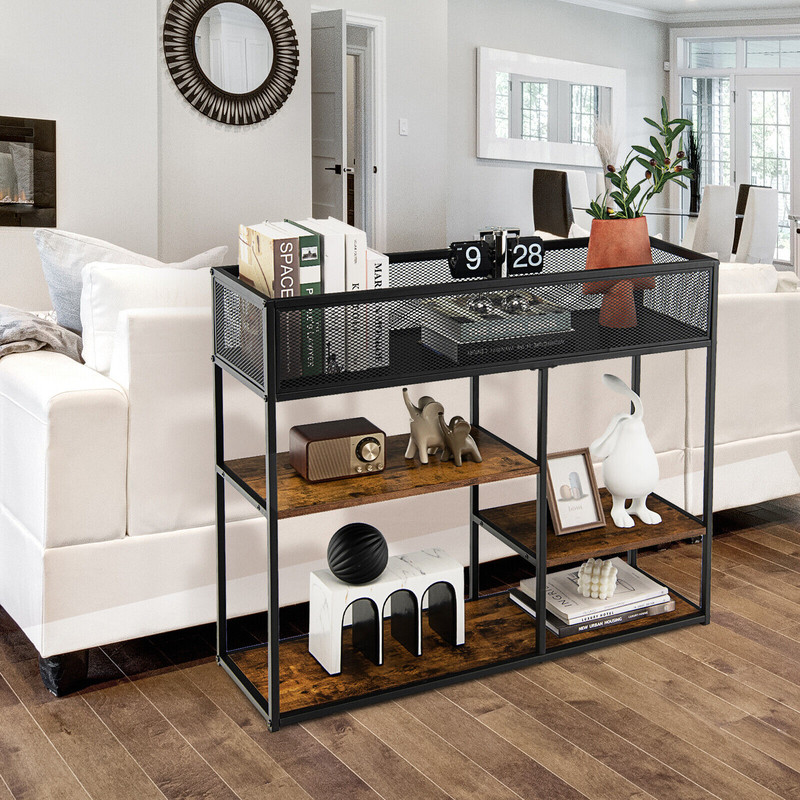 4-Tier Industrial Console Table with Wire Basket and Shelf – Sturdy Storage for Living Room, Kitchen & Entryway