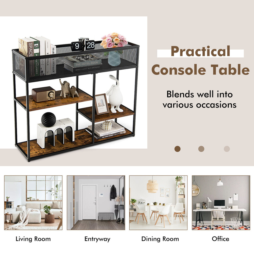 4-Tier Industrial Console Table with Wire Basket and Shelf – Sturdy Storage for Living Room, Kitchen & Entryway