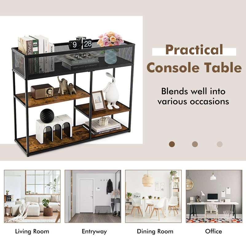 4-Tier Industrial Console Table with Wire Basket and Shelf – Sturdy Storage for Living Room, Kitchen & Entryway