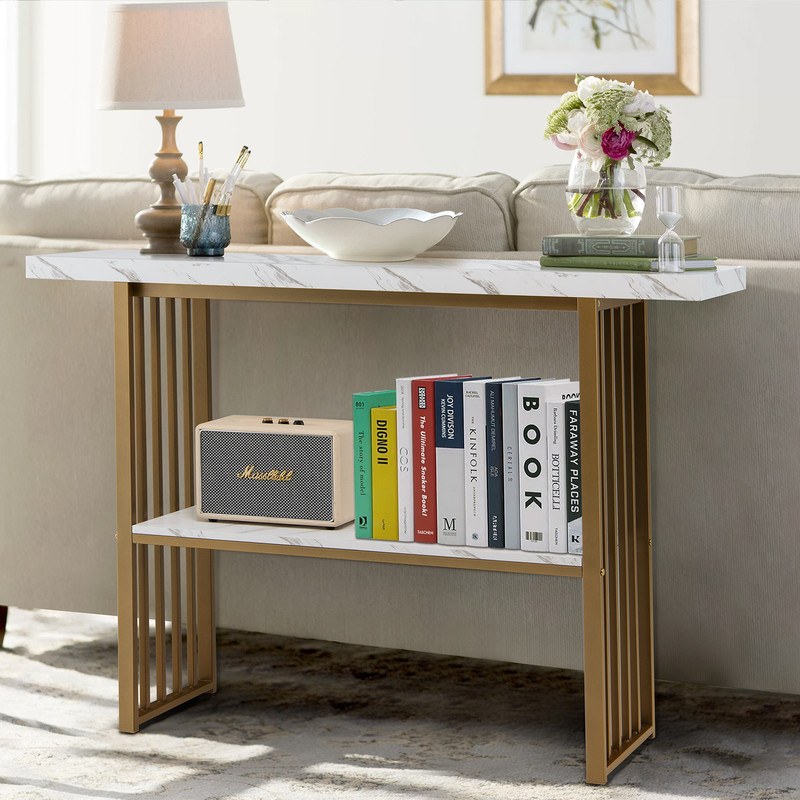 48 Inch 2-Tier Console Table with Gold Finished Frame, Elegant Hallway & Entryway Table with Marble-Textured Shelves