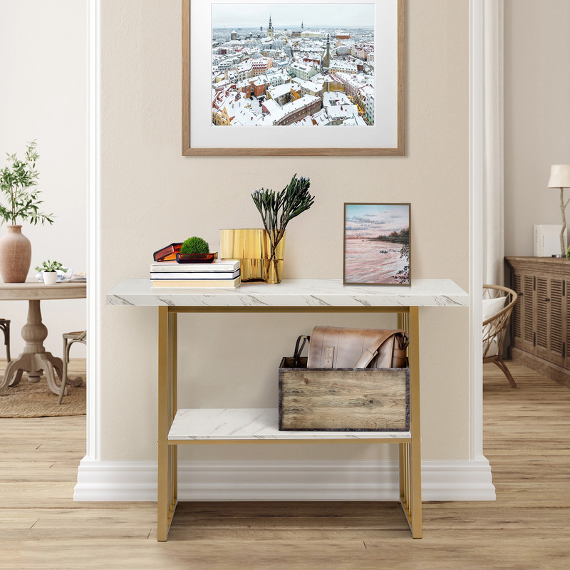 48 Inch 2-Tier Console Table with Gold Finished Frame, Elegant Hallway & Entryway Table with Marble-Textured Shelves