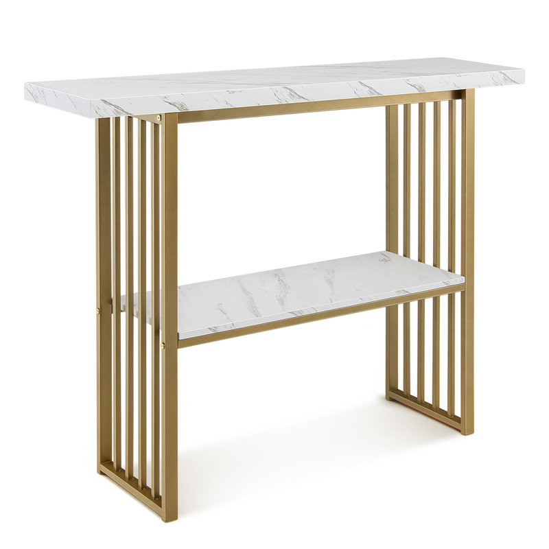 48 Inch 2-Tier Console Table with Gold Finished Frame, Elegant Hallway & Entryway Table with Marble-Textured Shelves