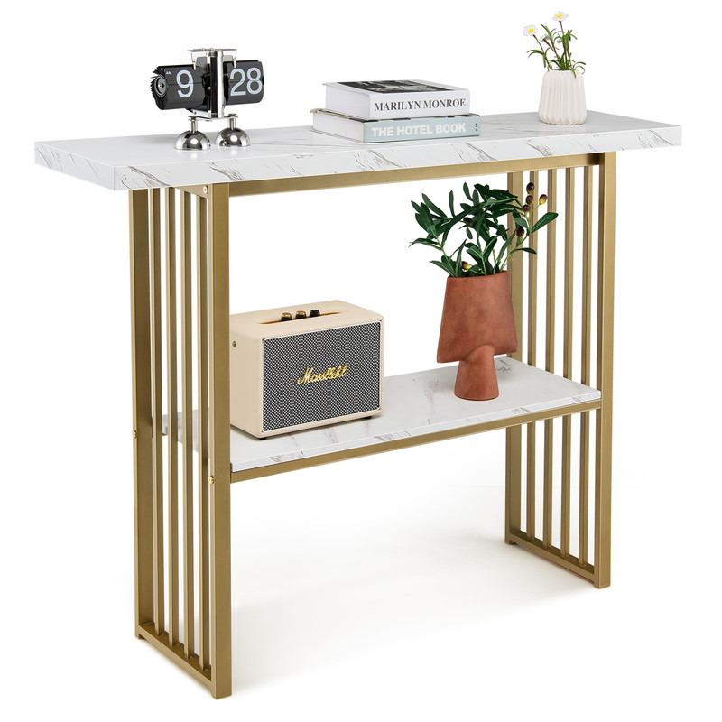 48 Inch 2-Tier Console Table with Gold Finished Frame, Elegant Hallway & Entryway Table with Marble-Textured Shelves