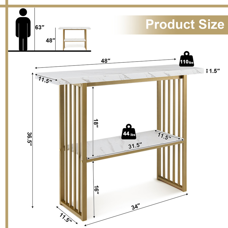 48 Inch 2-Tier Console Table with Gold Finished Frame, Elegant Hallway & Entryway Table with Marble-Textured Shelves