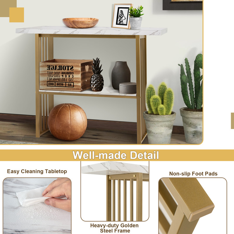 48 Inch 2-Tier Console Table with Gold Finished Frame, Elegant Hallway & Entryway Table with Marble-Textured Shelves
