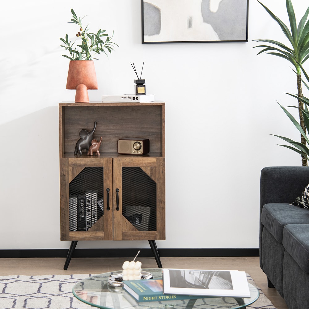 2-Door Farmhouse Kitchen Storage Bar Cabinet with Wine Rack & Glass Holder – Industrial Buffet Sideboard for Wine & Liqu