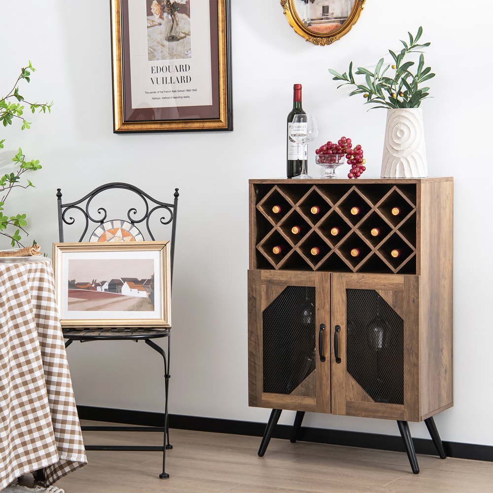 2-Door Farmhouse Kitchen Storage Bar Cabinet with Wine Rack & Glass Holder – Industrial Buffet Sideboard for Wine & Liqu