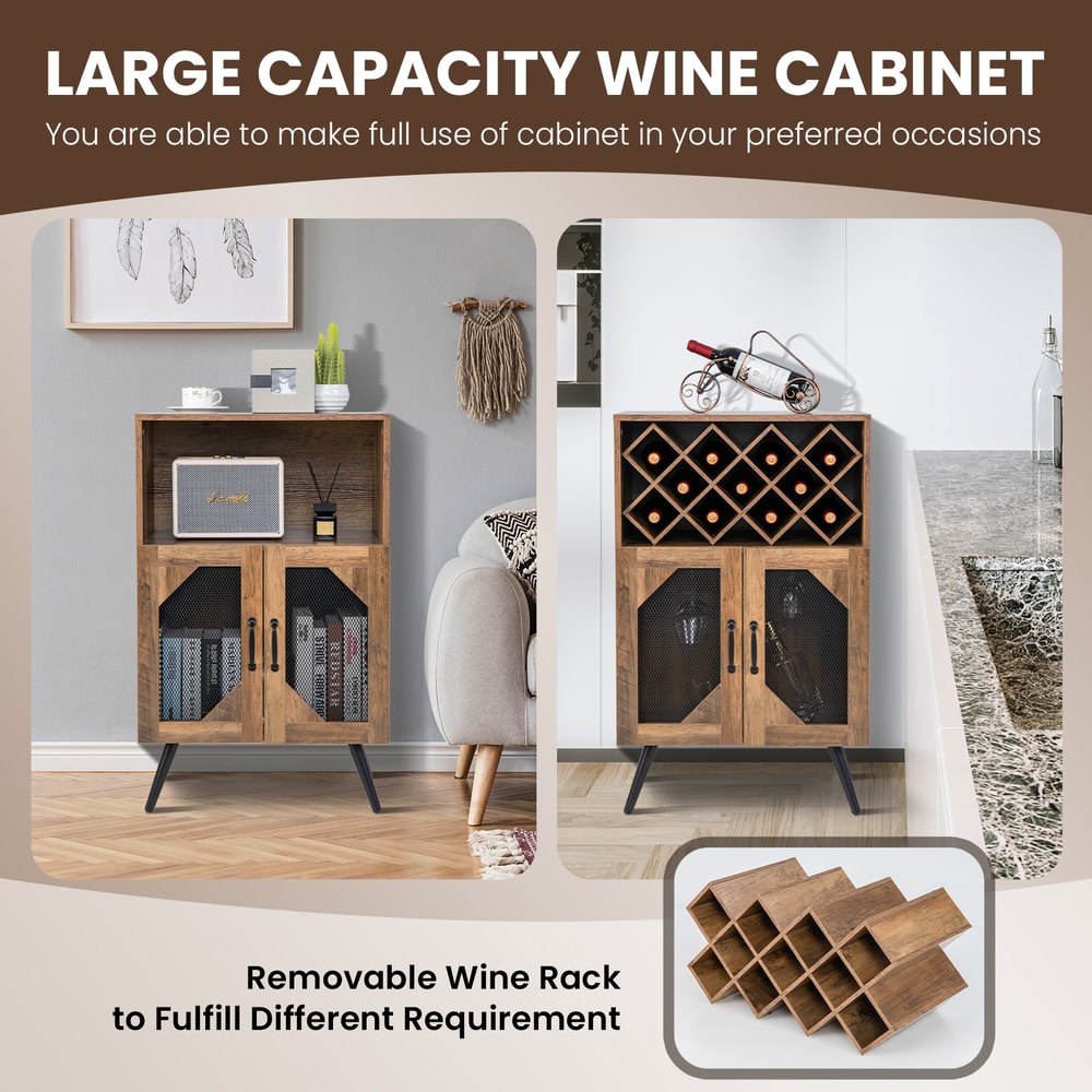 2-Door Farmhouse Kitchen Storage Bar Cabinet with Wine Rack & Glass Holder – Industrial Buffet Sideboard for Wine & Liqu