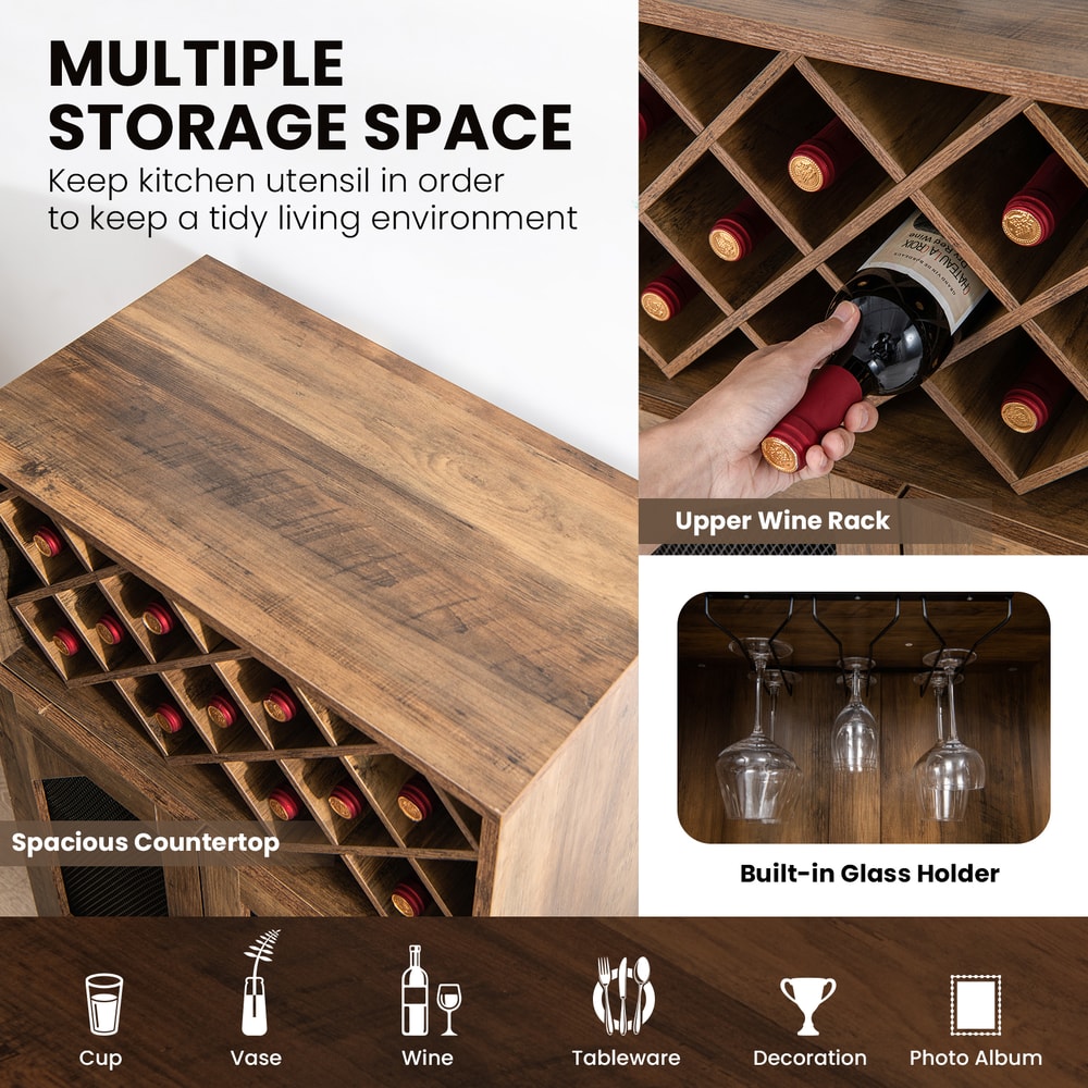 2-Door Farmhouse Kitchen Storage Bar Cabinet with Wine Rack & Glass Holder – Industrial Buffet Sideboard for Wine & Liqu