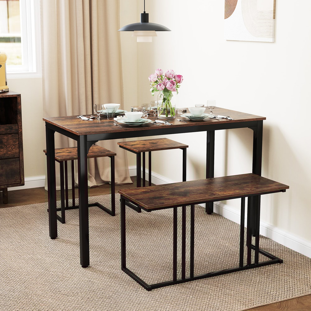 4-Piece Space-Saving Dining Table Set with Bench & 2 Stools – Industrial Style for Small Spaces