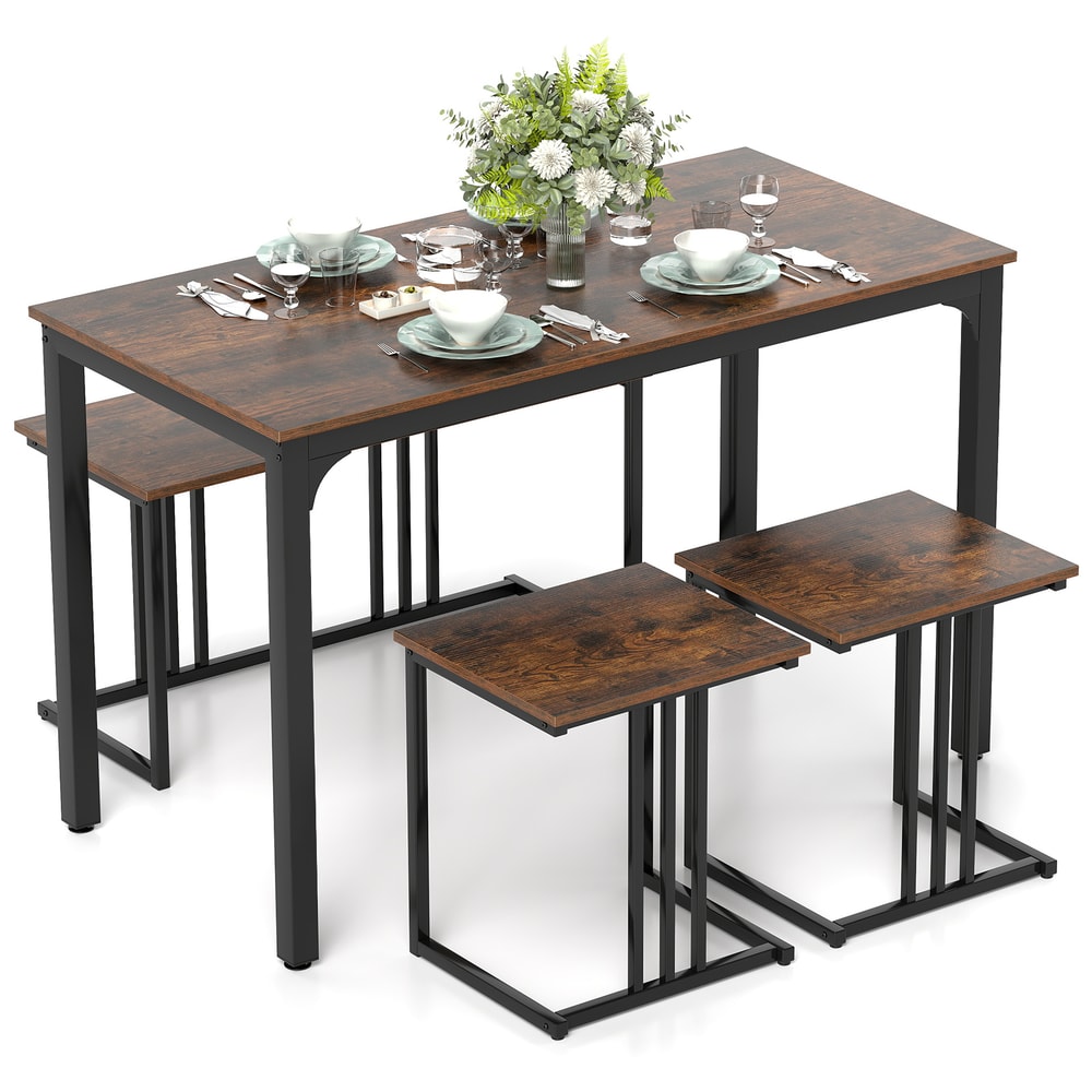 4-Piece Space-Saving Dining Table Set with Bench & 2 Stools – Industrial Style for Small Spaces