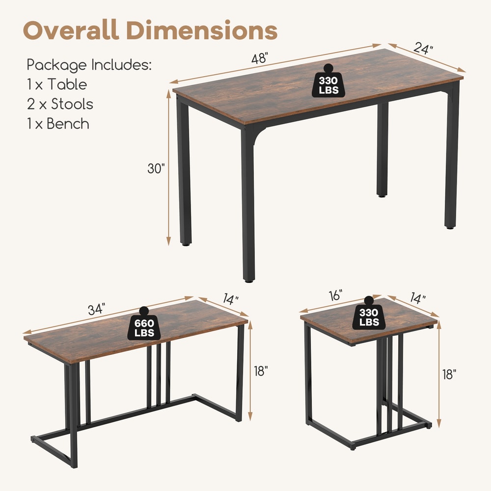 4-Piece Space-Saving Dining Table Set with Bench & 2 Stools – Industrial Style for Small Spaces