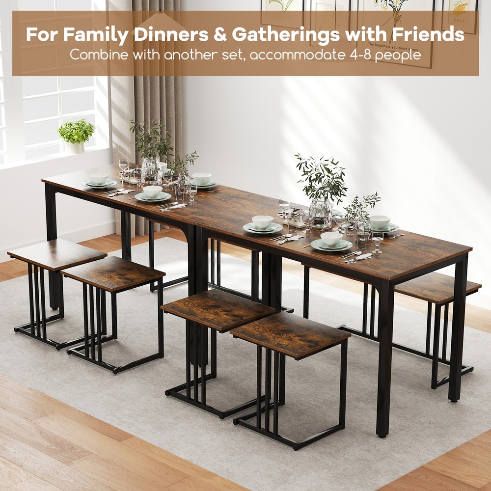 4-Piece Space-Saving Dining Table Set with Bench & 2 Stools – Industrial Style for Small Spaces