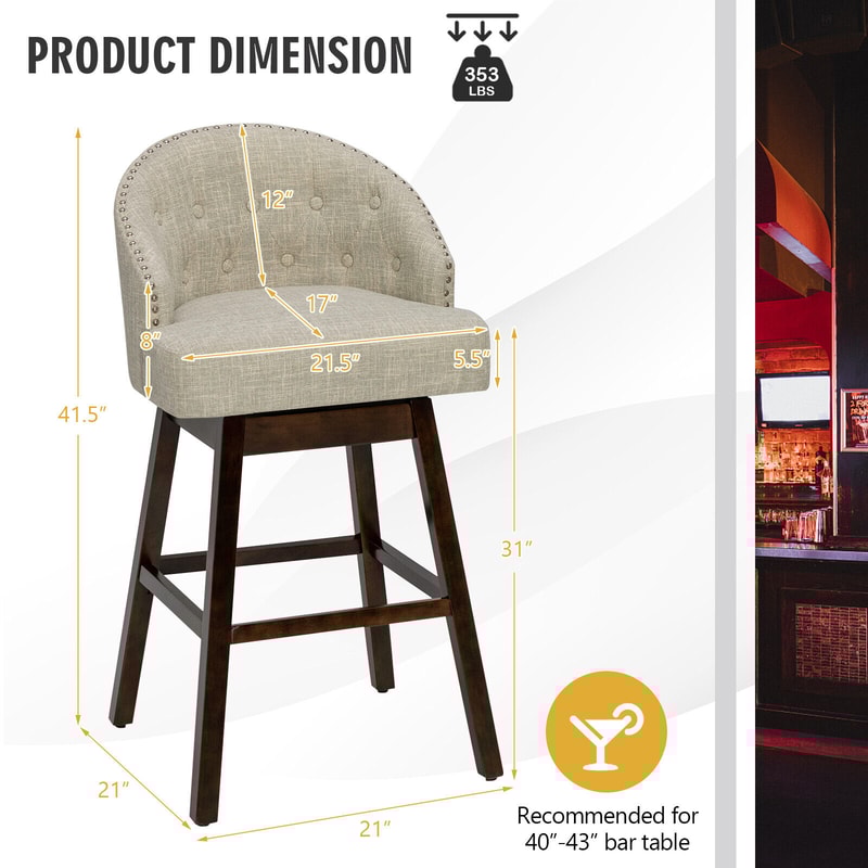 Bar Stools Set Of 2 Swivel Seats With Padded Backrest Rubber Wood Legs Comfortable Counter Height 5