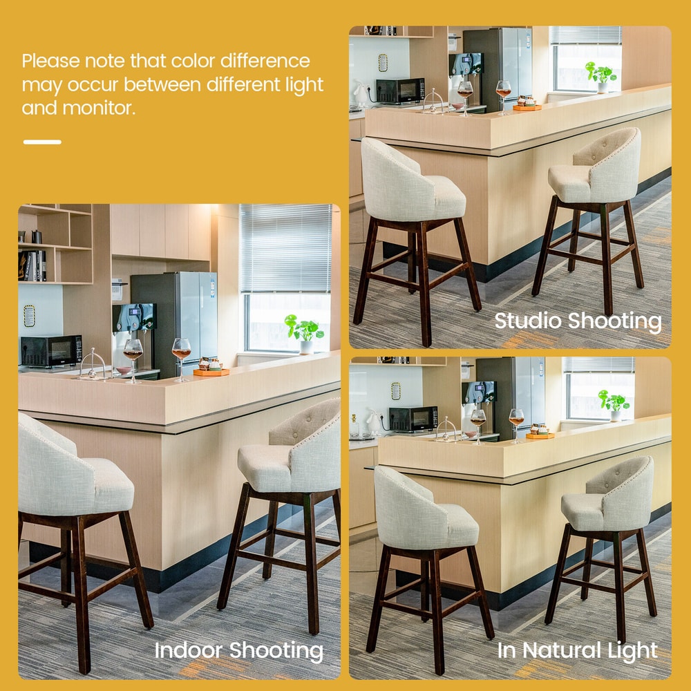 Bar Stools Set Of 2 Swivel Seats With Padded Backrest Rubber Wood Legs Comfortable Counter Height 2