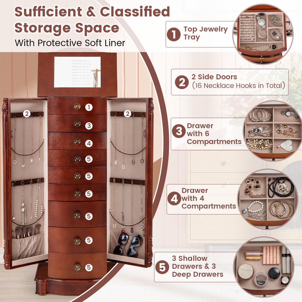 Large Wooden Jewelry Storage Box Organizer 9Layer Jewelry Cabinet With Mirror Drawers  Necklace Han 2