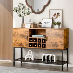 rustic industrial sideboard, kitchen buffet with 8-bottle wine rack, 2 storage doors & versatile countertop