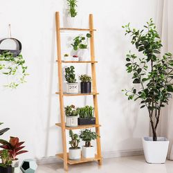 5-tier modern bamboo wall-leaning display ladder bookshelf, space-saving storage for home & office