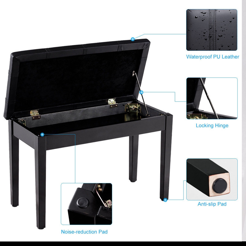 Solid Wood PU Leather Piano Bench Double Duet Keyboard Bench With Storage 5