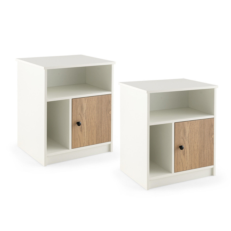 2 Pieces 25 Inch Tall Nightstands with Door and 2 Open Shelves, White, Engineered Wood Storage for Bedroom & Living Room