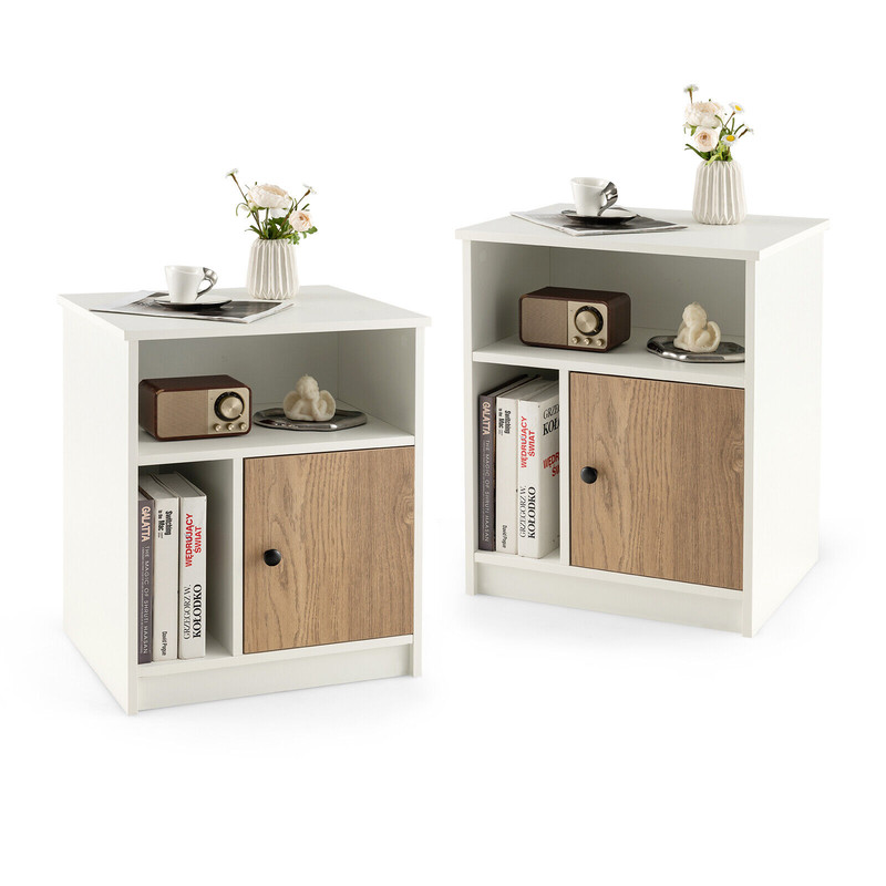 2 Pieces 25 Inch Tall Nightstands with Door and 2 Open Shelves, White, Engineered Wood Storage for Bedroom & Living Room