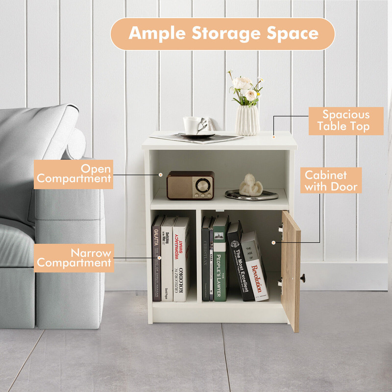 2 Pieces 25 Inch Tall Nightstands with Door and 2 Open Shelves, White, Engineered Wood Storage for Bedroom & Living Room