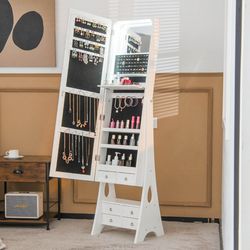 freestanding full length led mirrored jewelry armoire with 6 drawers, white, large storage makeup vanity