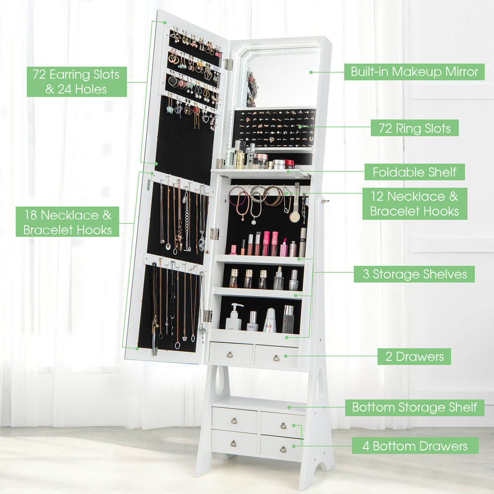 Freestanding Full Length LED Mirrored Jewelry Armoire With 6 Drawers White Large Storage Makeup Van 3