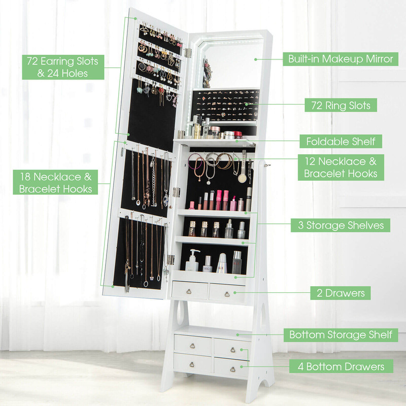 Freestanding Full Length LED Mirrored Jewelry Armoire With 6 Drawers White Large Storage Makeup Van 3