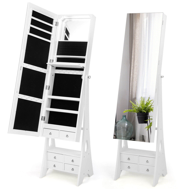 Freestanding Full Length LED Mirrored Jewelry Armoire With 6 Drawers White Large Storage Makeup Van 4