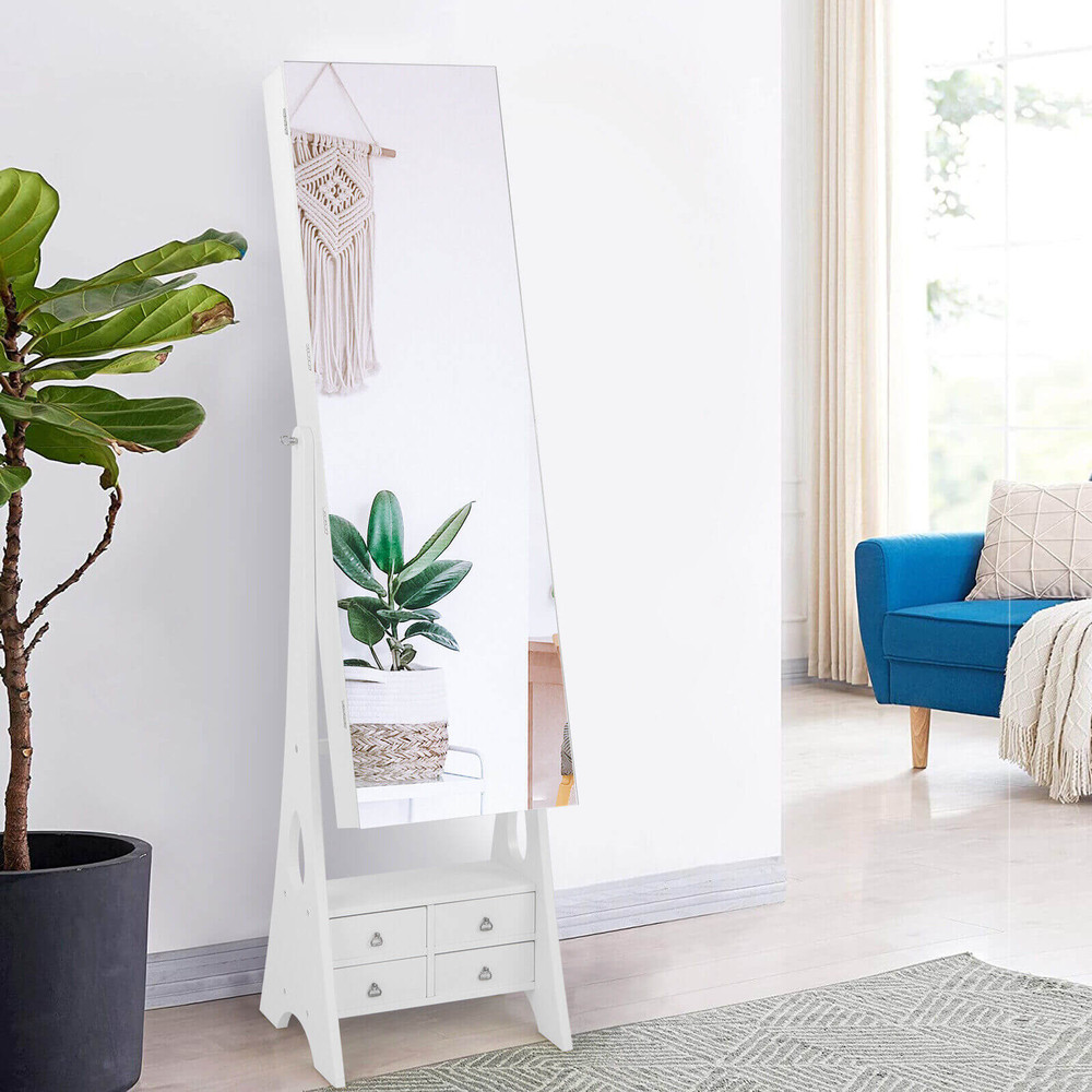 Freestanding Full Length LED Mirrored Jewelry Armoire With 6 Drawers White Large Storage Makeup Van 1