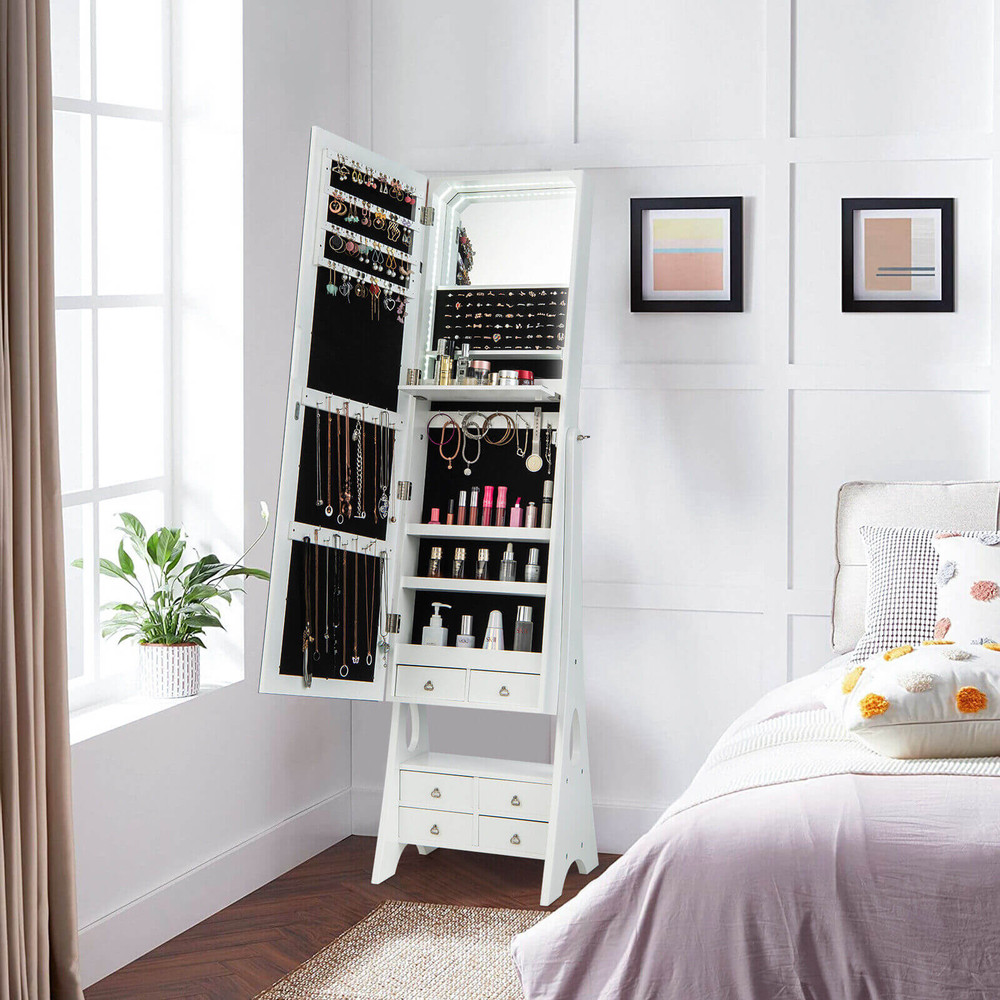 Freestanding Full Length LED Mirrored Jewelry Armoire With 6 Drawers White Large Storage Makeup Van 2