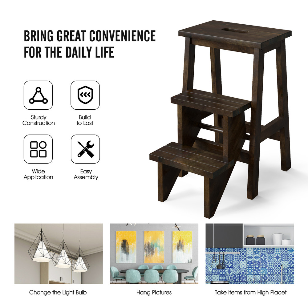 3-in-1 Rubber Wood Step Stool with Convenient Handle, Multi-Functional & Anti-Slip