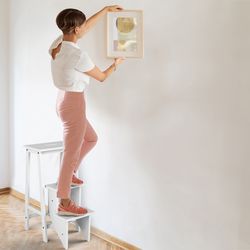 solid rubber wood 3-tier folding step stool, convertible ladder & storage shelf for home & office