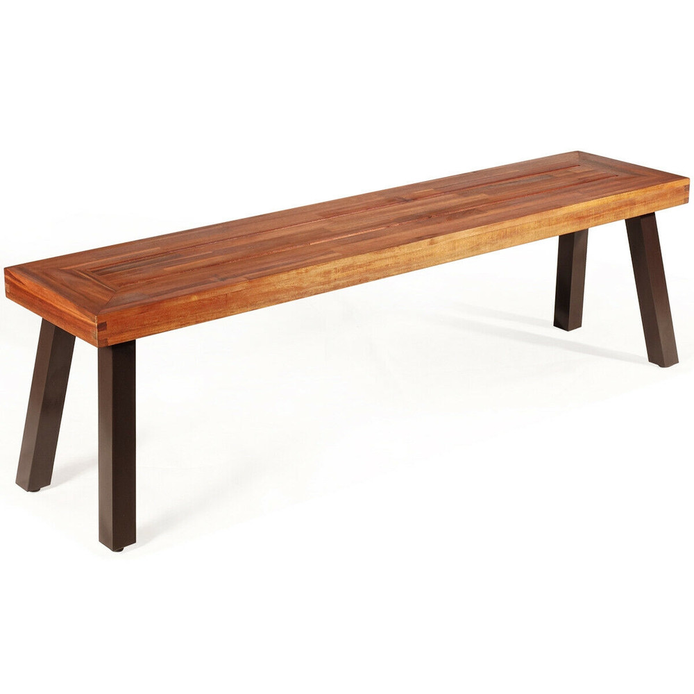 Patio Acacia Wood Dining Bench Seat With Sturdy Steel Legs Durable Outdoor Seating 6