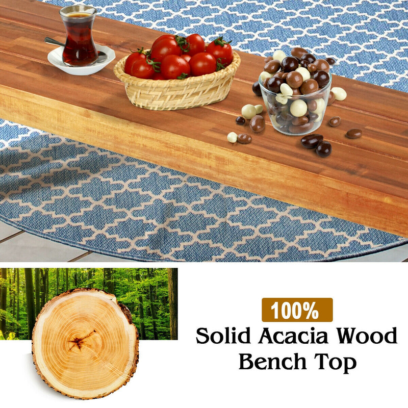 Patio Acacia Wood Dining Bench Seat With Sturdy Steel Legs Durable Outdoor Seating 2