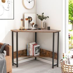 triangle computer corner desk with charging station, space-saving workstation for home & office