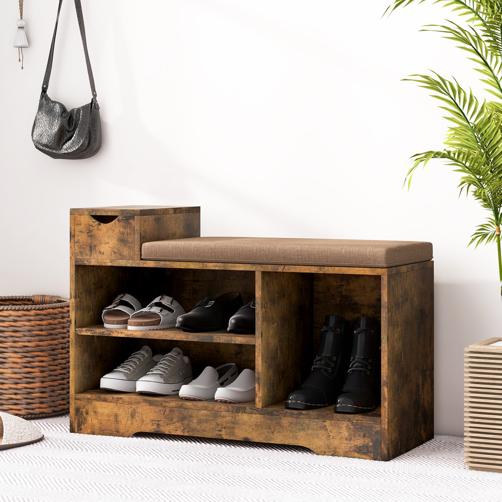 Entryway Storage Shoe Bench With 1 Drawer  3 Open Compartments Rustic Organizer With Padded Seat 0