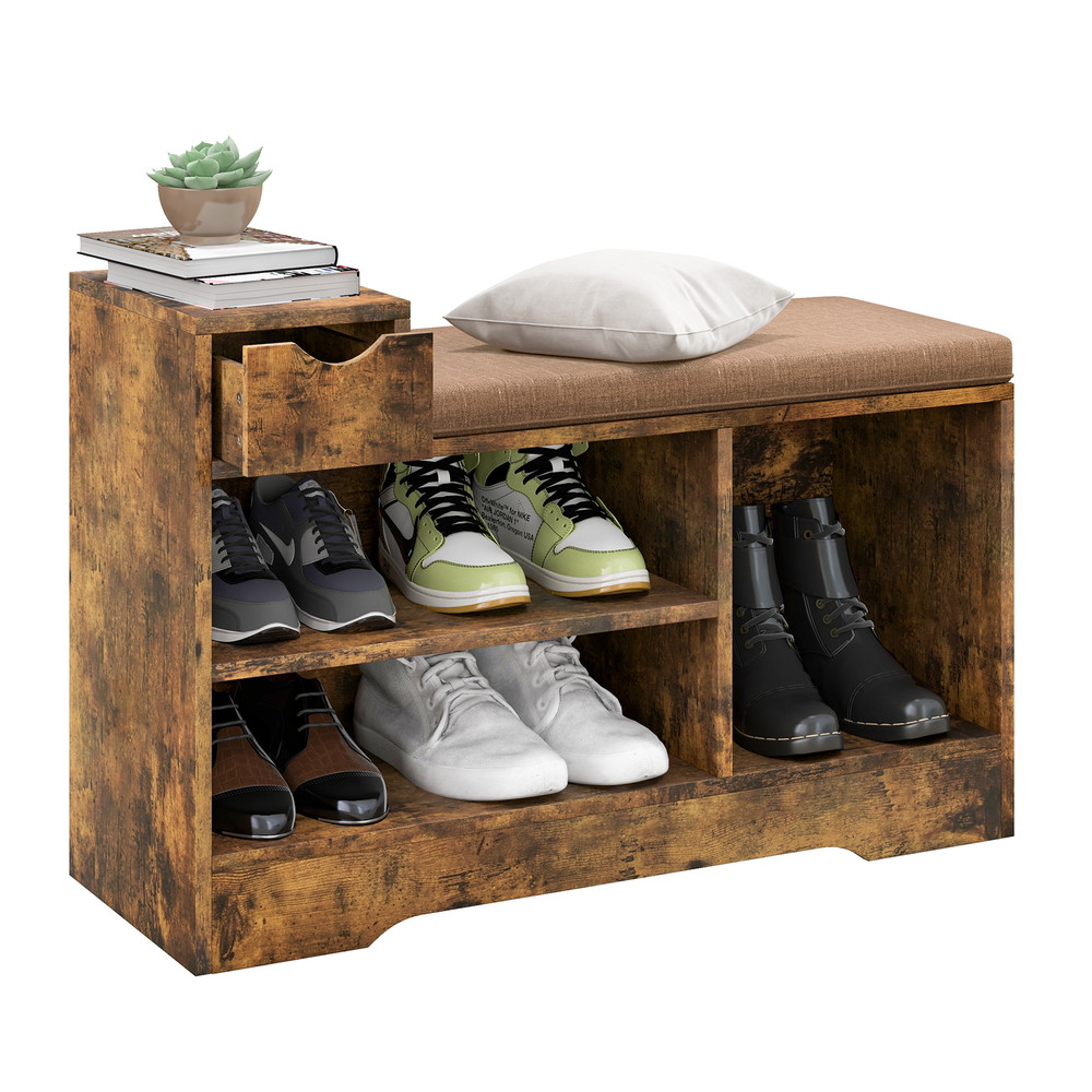 Entryway Storage Shoe Bench With 1 Drawer  3 Open Compartments Rustic Organizer With Padded Seat 6