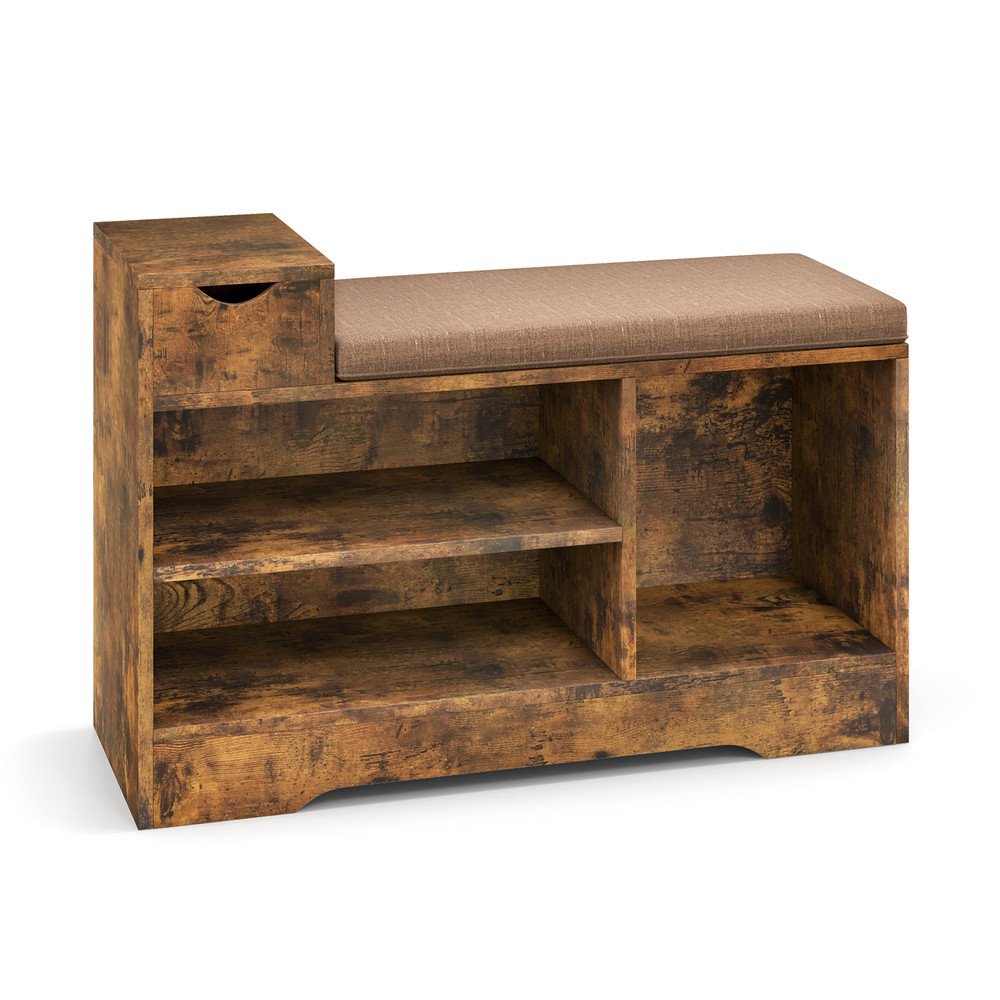Entryway Storage Shoe Bench With 1 Drawer  3 Open Compartments Rustic Organizer With Padded Seat 7
