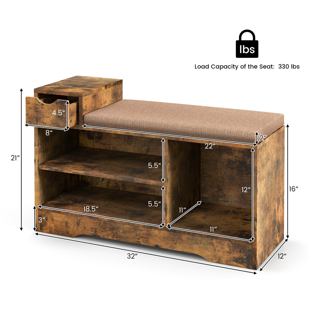 Entryway Storage Shoe Bench With 1 Drawer  3 Open Compartments Rustic Organizer With Padded Seat 5