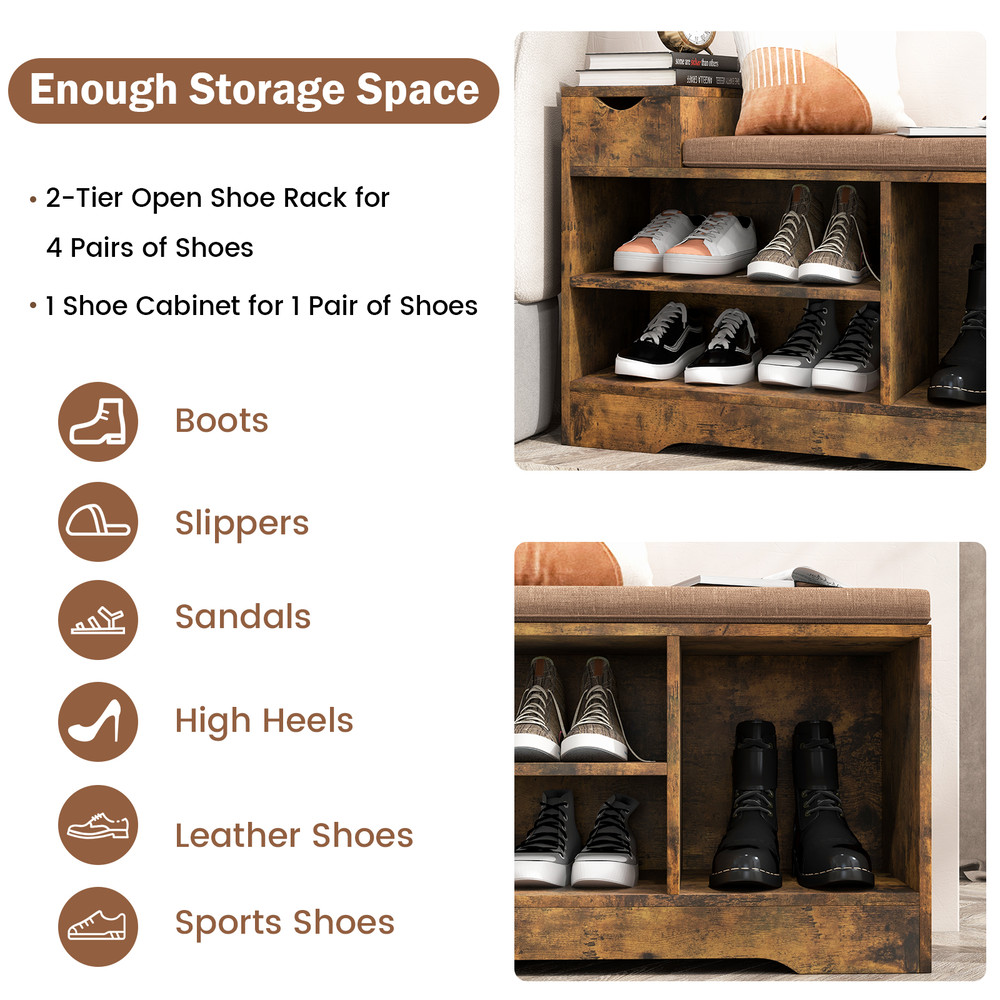 Entryway Storage Shoe Bench With 1 Drawer  3 Open Compartments Rustic Organizer With Padded Seat 2