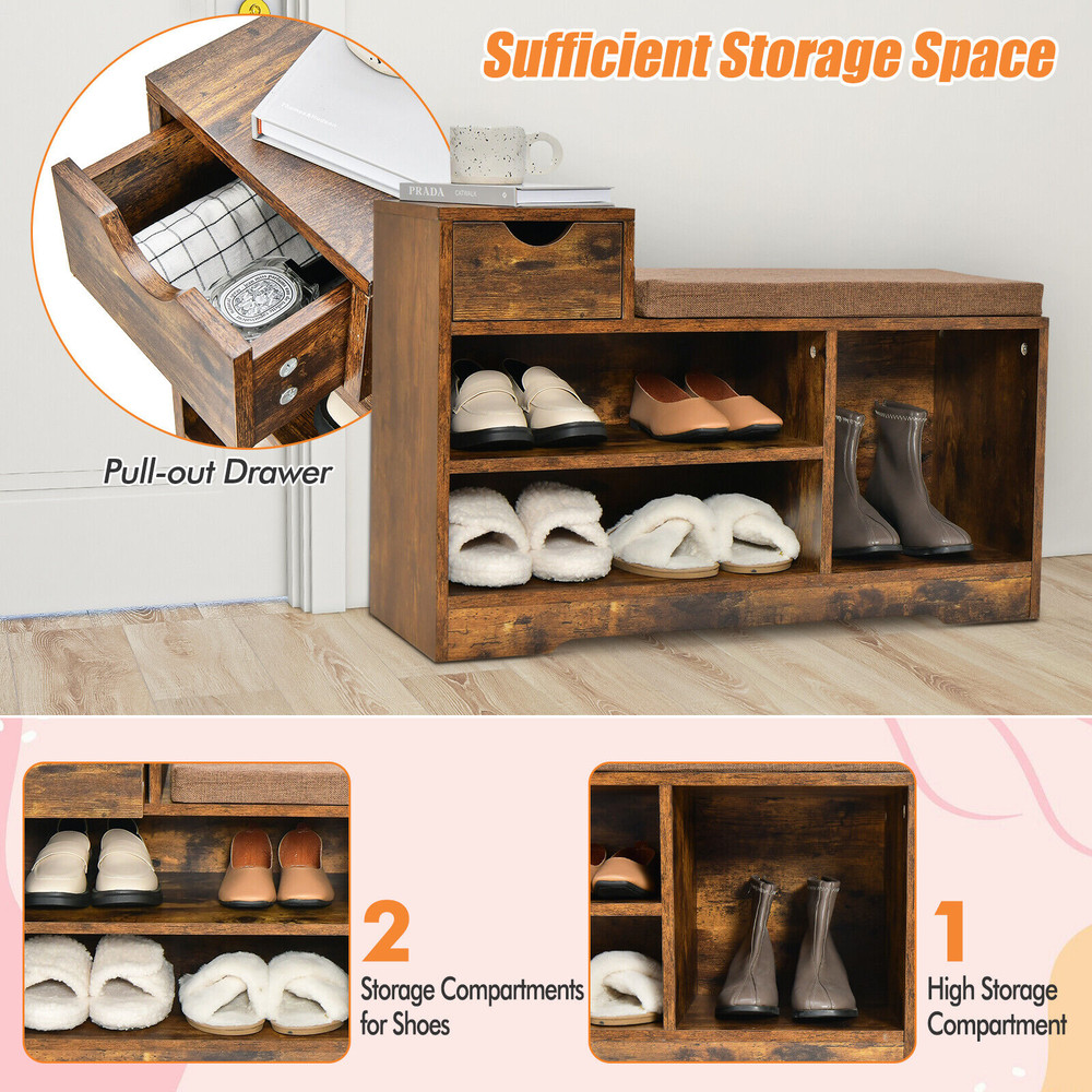 Entryway Storage Shoe Bench With 1 Drawer  3 Open Compartments Rustic Organizer With Padded Seat 4