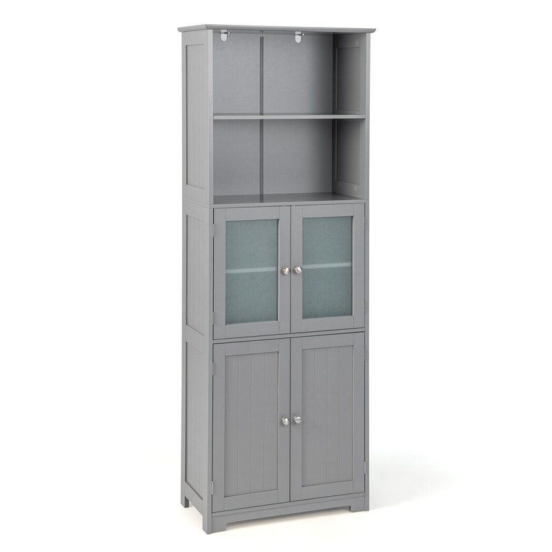 4Door Freestanding Bathroom Floor Storage Cabinet With 2 Drawers Glass Doors Adjustable Shelves Mo 7