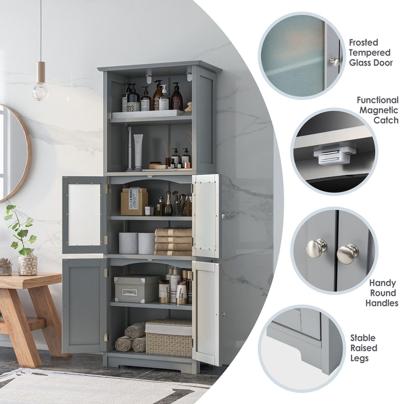 4Door Freestanding Bathroom Floor Storage Cabinet With 2 Drawers Glass Doors Adjustable Shelves Mo 3